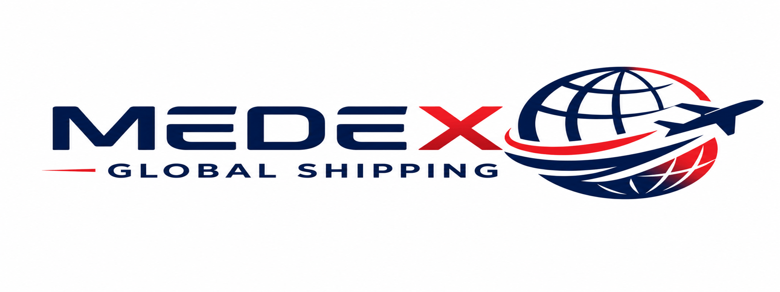 Medex Global Shipping logo with blue MEDEX lettering, a red X, and a blue/red globe with an airplane silhouette.