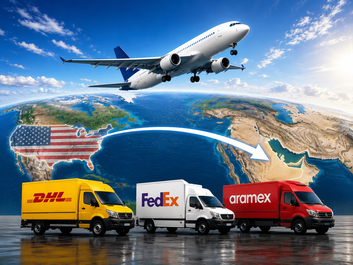 Airplane above a globe with a US flag region and a white arrow toward the Middle East; DHL, FedEx, and Aramex trucks below.
