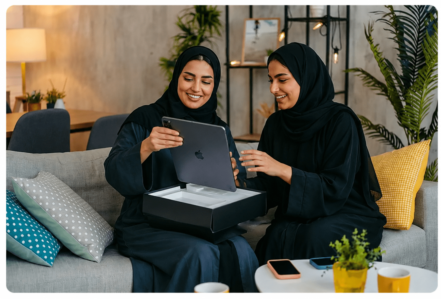 Two women wearing black hijabs sit on a sofa, smiling as one unboxes a tablet from a black box in a cozy living room.